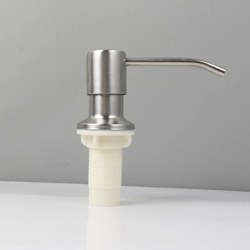 A stainless steel soap dispenser featuring a long, curved extension tube and a white pump head.