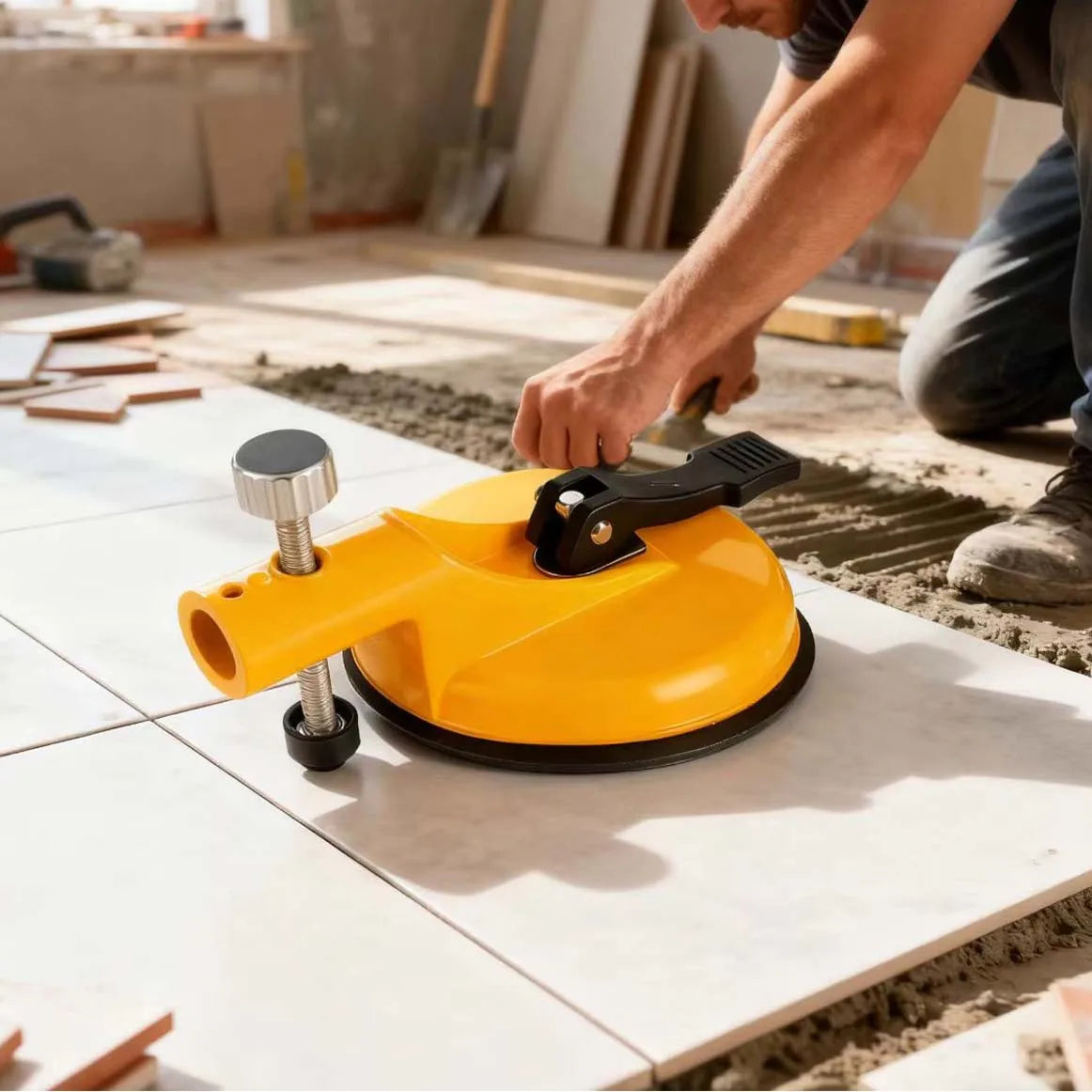 A yellow heavy duty wall tile leveler with a suction cup is being used on a white tile surface.