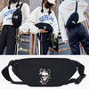 Black linen crossbody waist bag featuring a detailed skull and floral design.