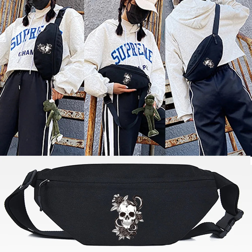 Black linen crossbody waist bag featuring a detailed skull and floral design.
