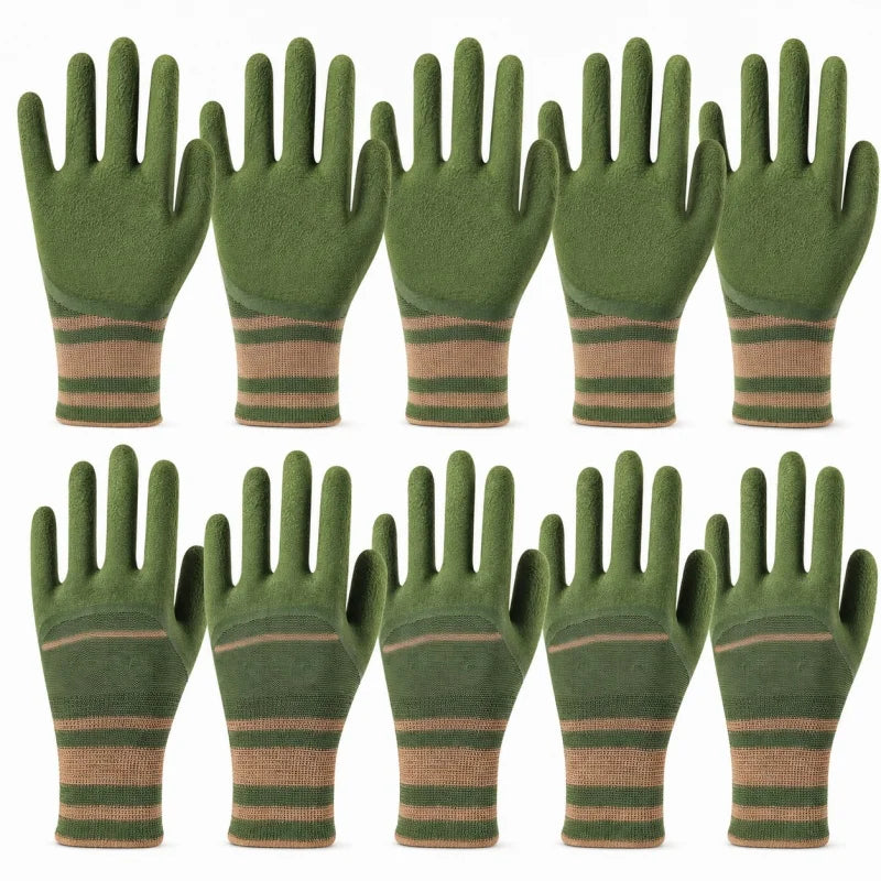 A row of olive green gardening gloves with brown and striped accents.