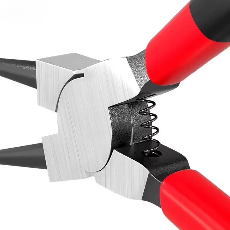 A pair of precision dual-purpose card spring pliers with silver and black jaws and red handles.