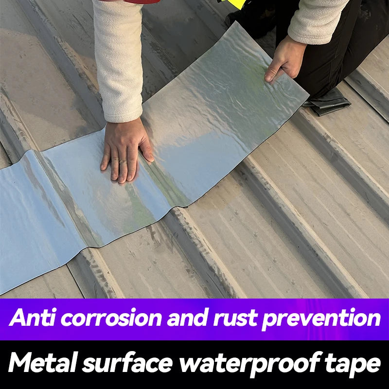 A hand is applying metal surface waterproof tape to a metal surface for anti corrosion and rust prevention.