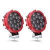 A pair of red LED off-road driving lights mounted on a bracket.