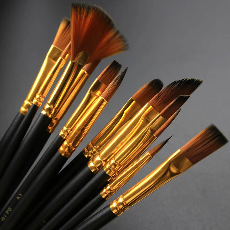A set of twelve black brush handles with golden ferrules and brown bristles for painting.