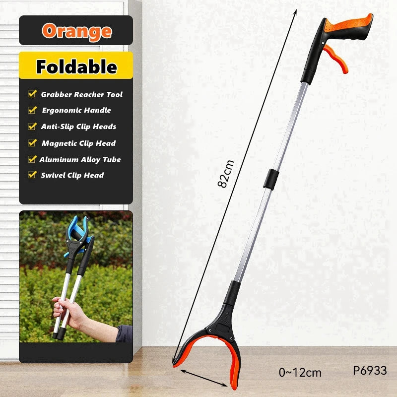 Orange foldable silicone garbage grabber tool with a long handle and swivel clip head