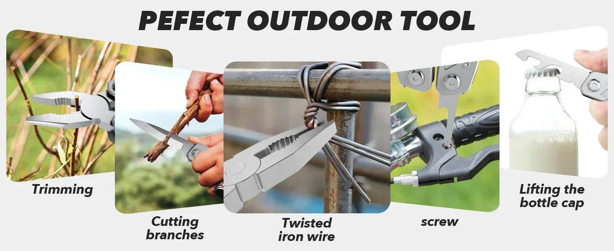 Image montrant divers usages d'un kit multi-outil : tailler des branches, couper des fils et soulever un bouchon de bouteille