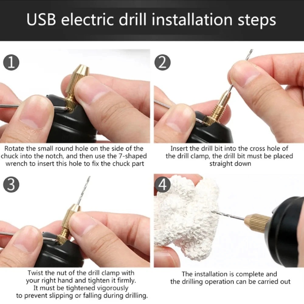 Installation steps showing how to insert a drill bit into a chuck using a 7-shaped wrench