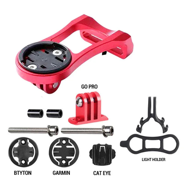 Red aluminum alloy bike handlebar mount camera holder with various mounting adapters