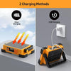 A portable solar LED flood light is shown with two charging methods: solar panel and USB charging.