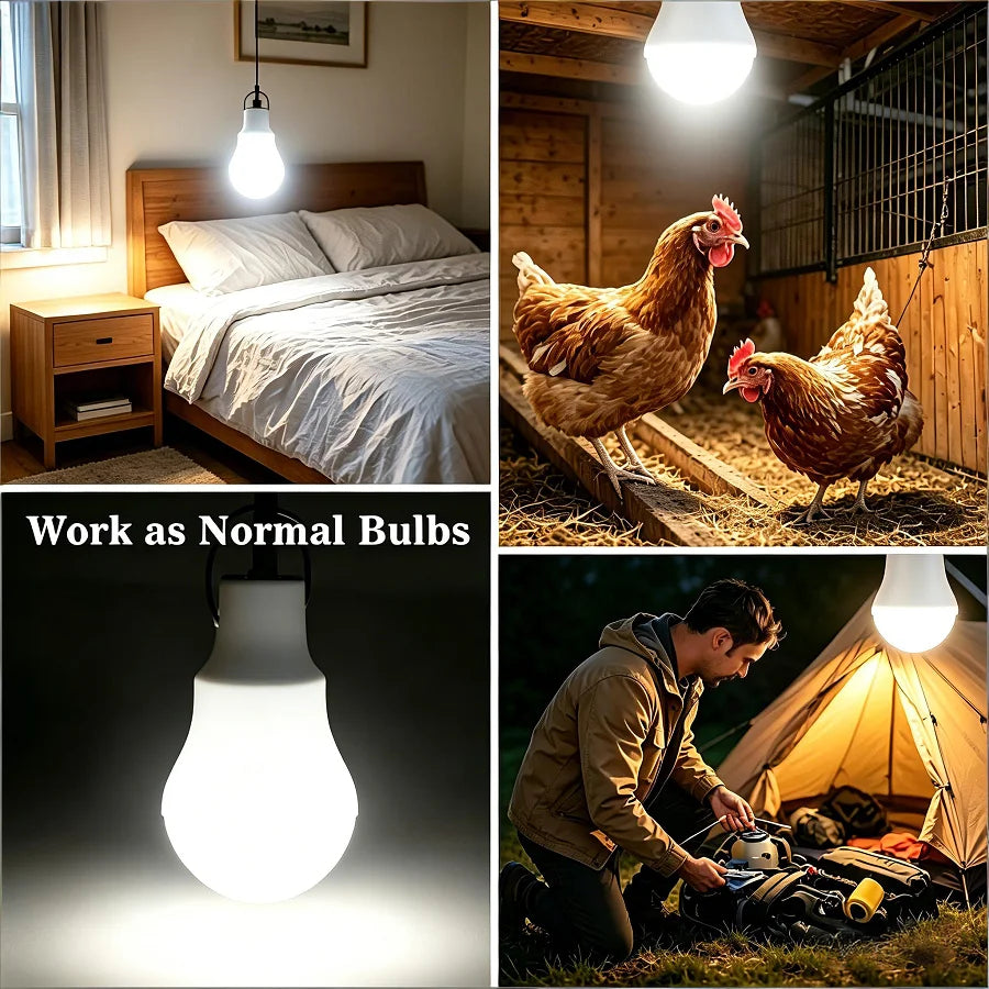 Set solar-LED-Hängelampen in verschiedenen Umgebungen: Schlafzimmer, Bauernhof und Camping.