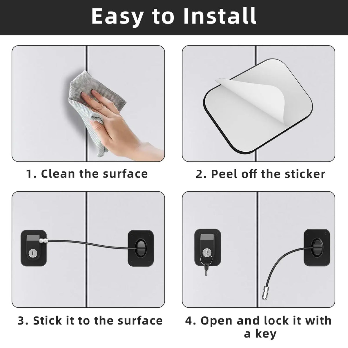 Instructions showing how to clean a surface, peel off a sticker, stick a lock onto a door, and open/lock it with a key.