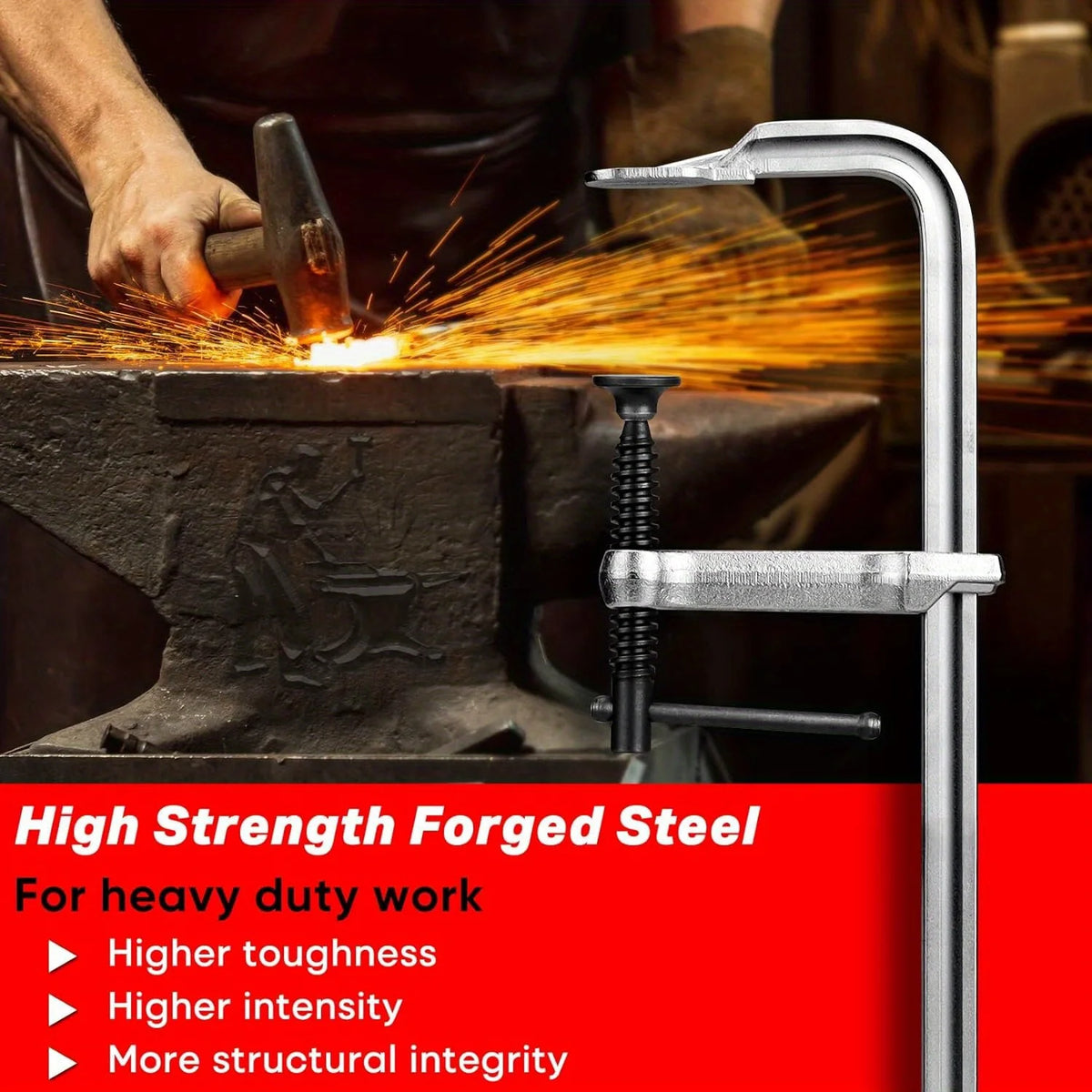 A hand is using a torch to forge metal, demonstrating the strength of a high-strength forged steel bar clamp set.