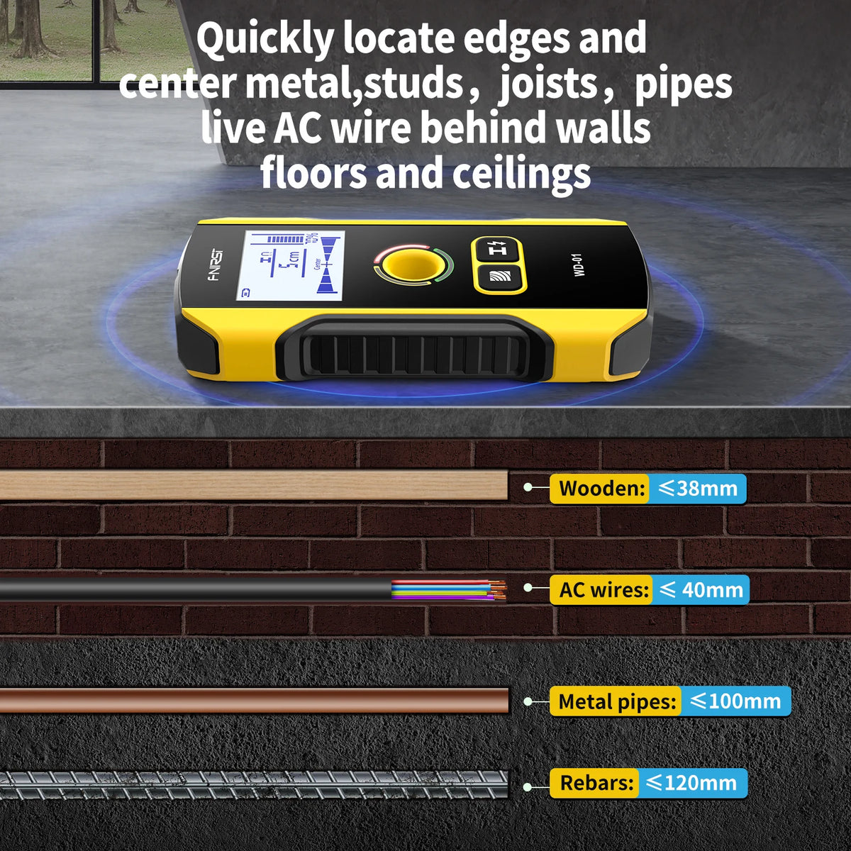A handheld multi-function metal detector is shown with various metal components like AC wires, pipes, and rebar detected behi
