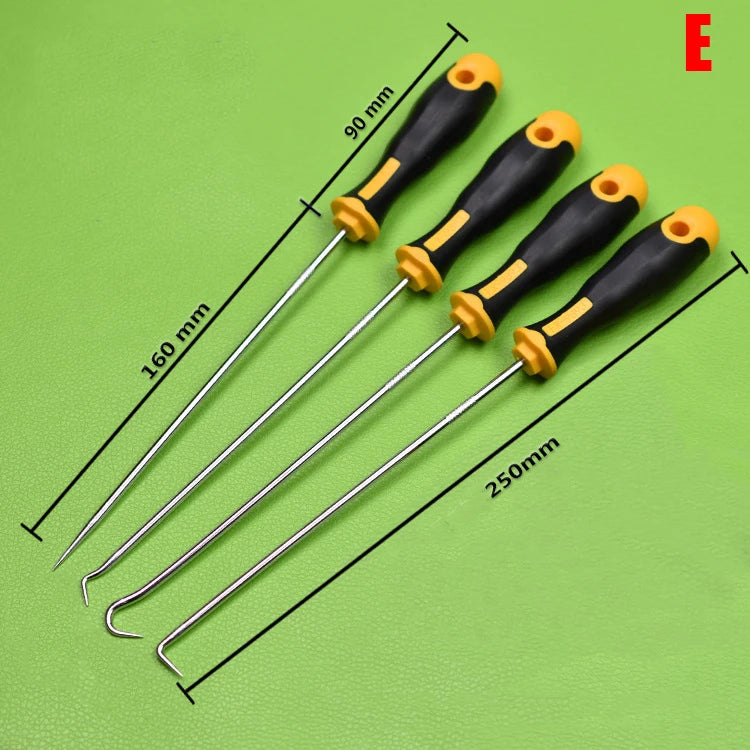 A set of multi-angle car repair hooks with varying lengths, shown against a green background.