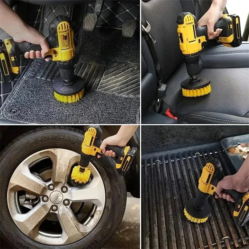 Un jeu de trois brosses à perceuse jaunes pour nettoyer en profondeur les surfaces et roues automobiles.