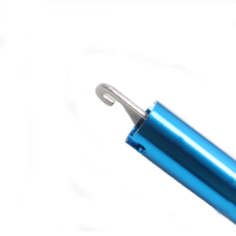 A close-up view of a blue portable aluminum T-hook remover tool with a metal hook.