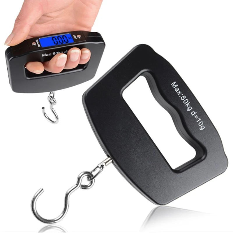 A black portable luggage scale with a digital display showing 0.00 kg and a hook for weighing items.