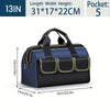 A navy blue tool storage bag with black accents and multiple compartments shown from the top.