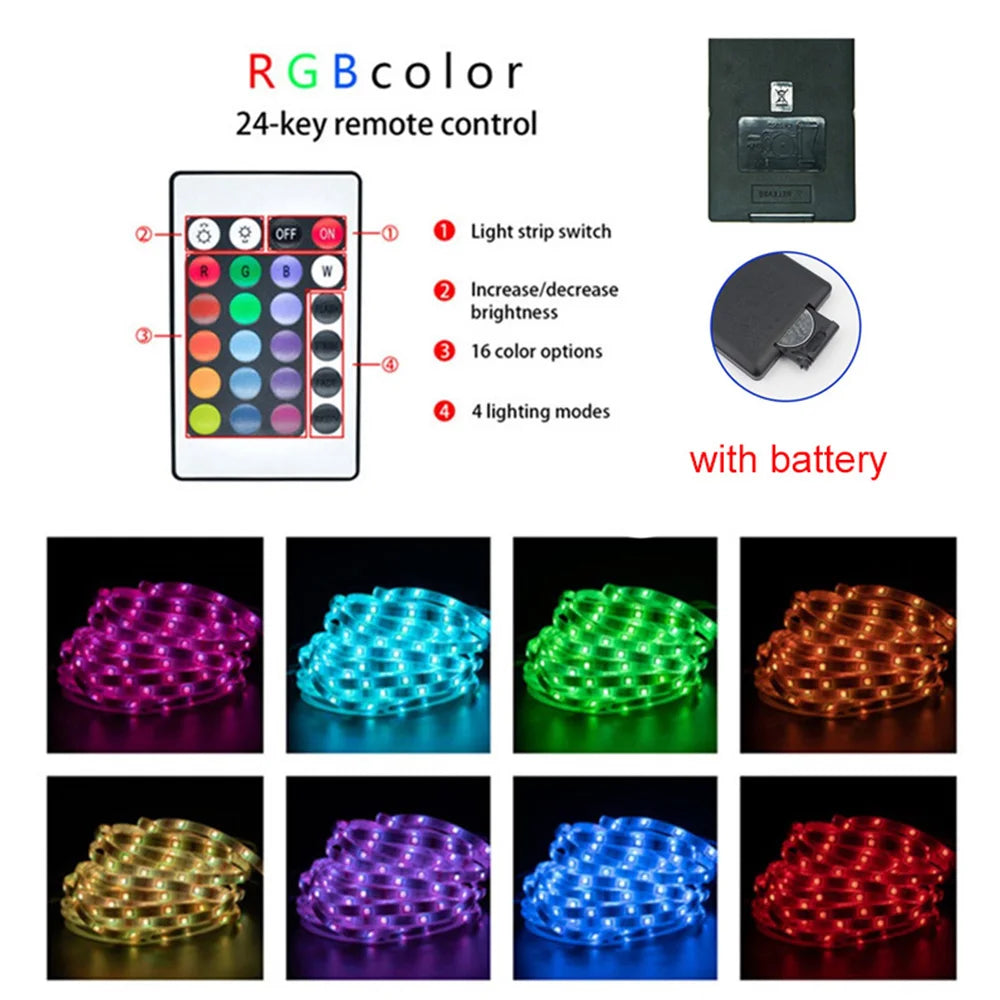 An RGB LED strip light display with a 24-key remote control and various lighting modes.