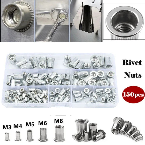 A collection of metal rivets, nuts, and various sized screws and bolts for DIY repairs.