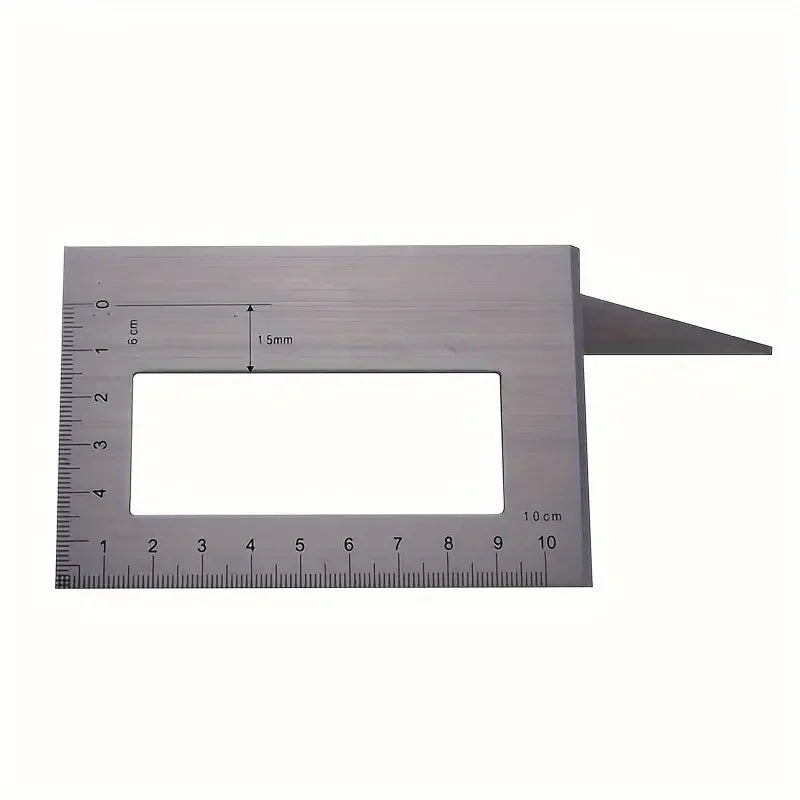 A metal angle ruler with a rectangular opening and a graduated scale for woodworking.