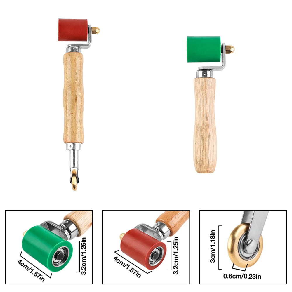 Two wooden rollers with silicone sealing heads in red and green colors shown next to a brass roller.