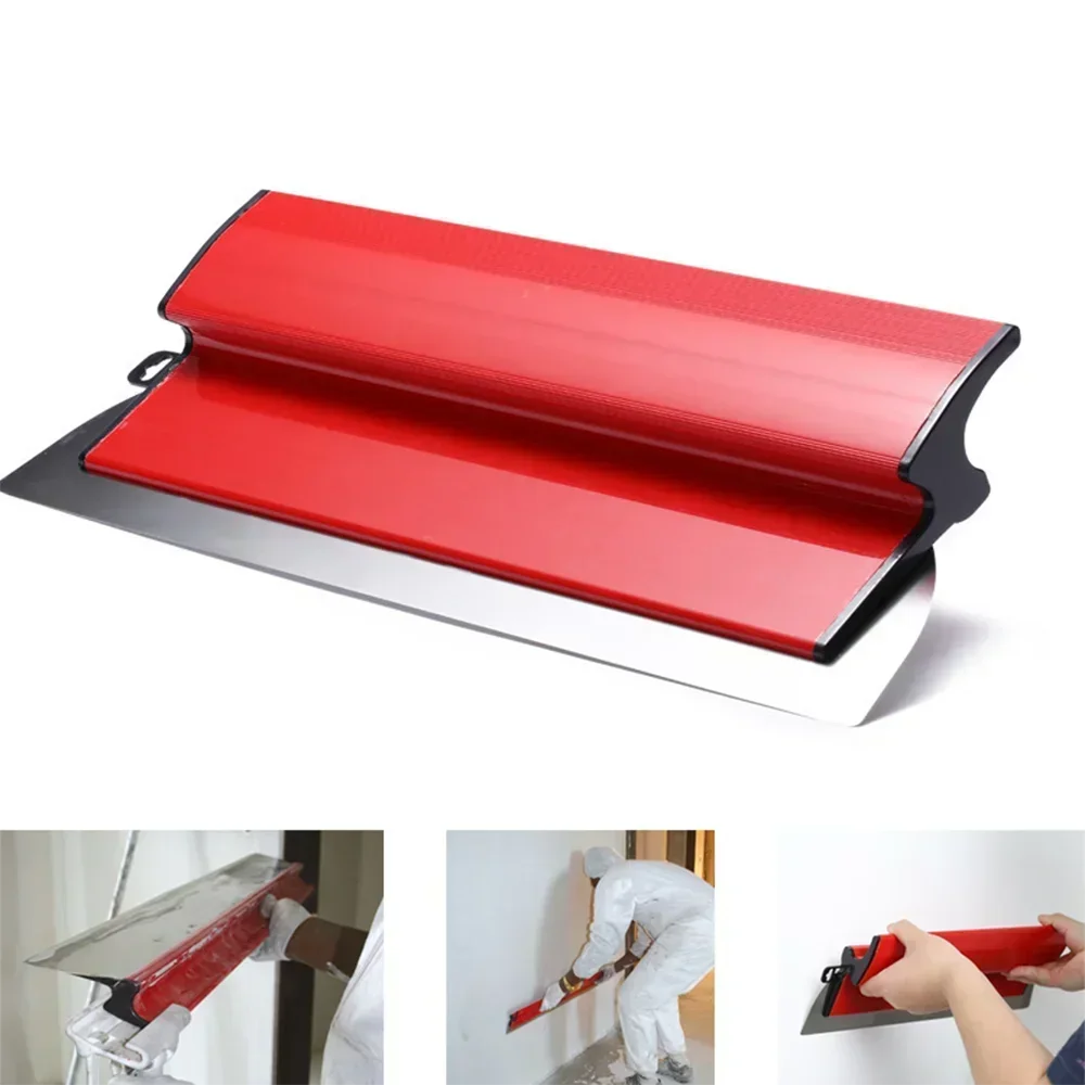 A professional red and silver skimming blade used for drywall finishing.