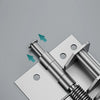 A close-up view of a thickened and bolded detachable door hinge mechanism with a threaded shaft and mounting plate.