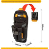 A black tool bag with six pockets is shown, featuring a tough built construction and quick-release buckles.