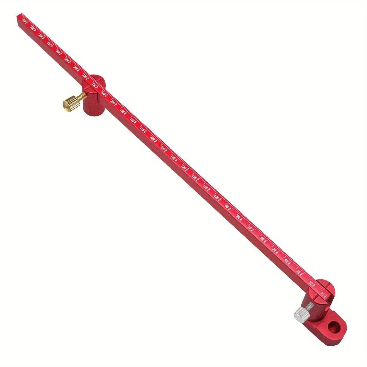A red 300mm adjustable drawing circle ruler used for woodworking measurements.