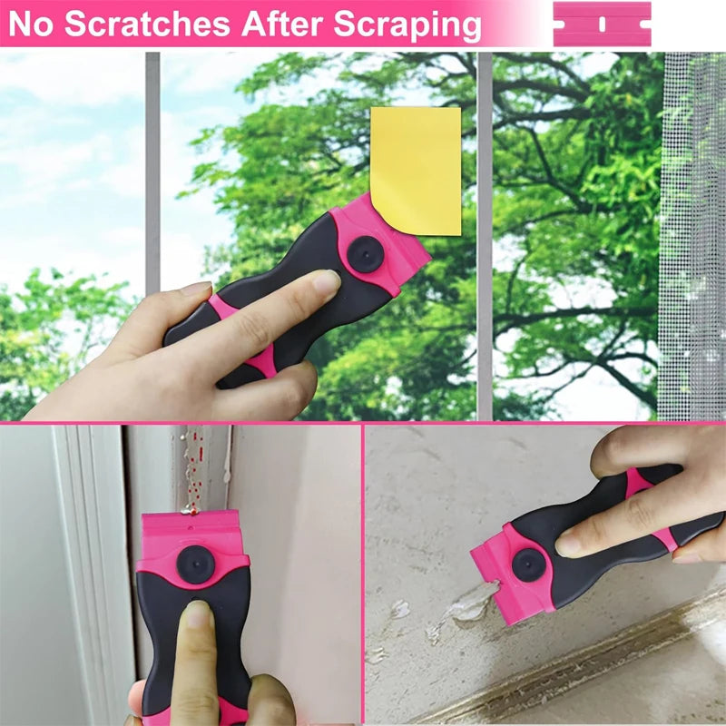 A hand uses a pink and black scraper tool to remove scratches from glass, demonstrating its use for scraping.