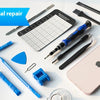 A collection of professional repair tool sets including screwdrivers, precision tools, and a smartphone.
