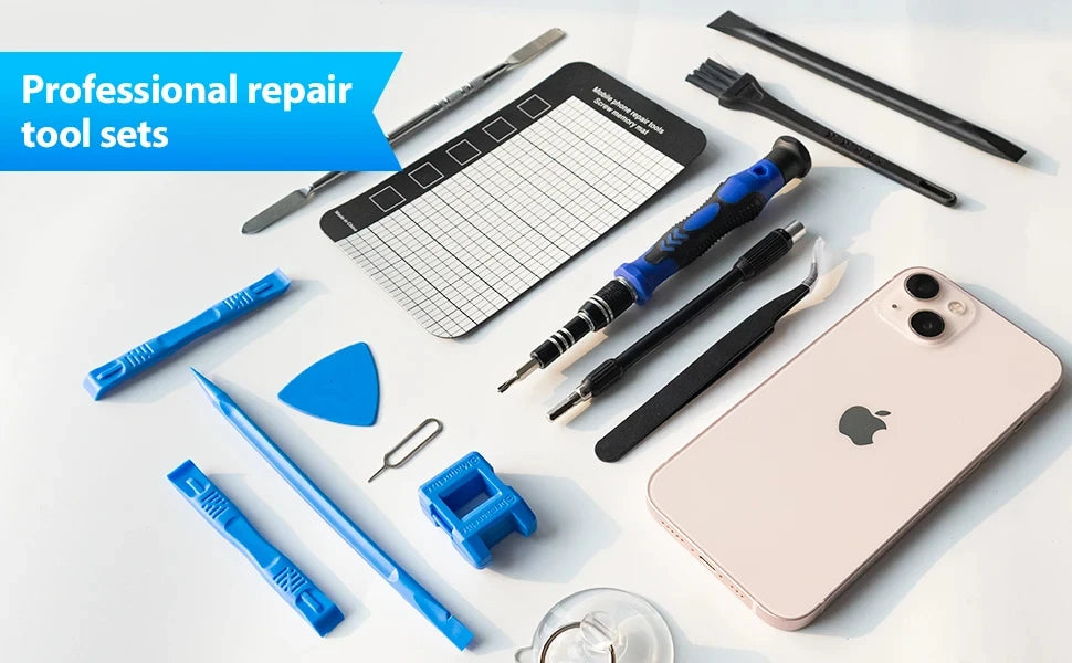 A collection of professional repair tool sets including screwdrivers, precision tools, and a smartphone.