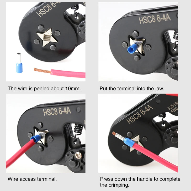 A precision crimping tool kit showing various stages of using an HSC8 6-4A crimping tool, including wire stripping and termin