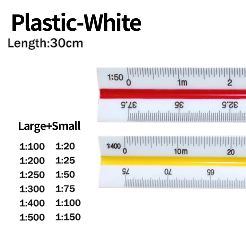 A set of precision triangular scale rulers in various magnification ratios, including 1:50 to 1:150.