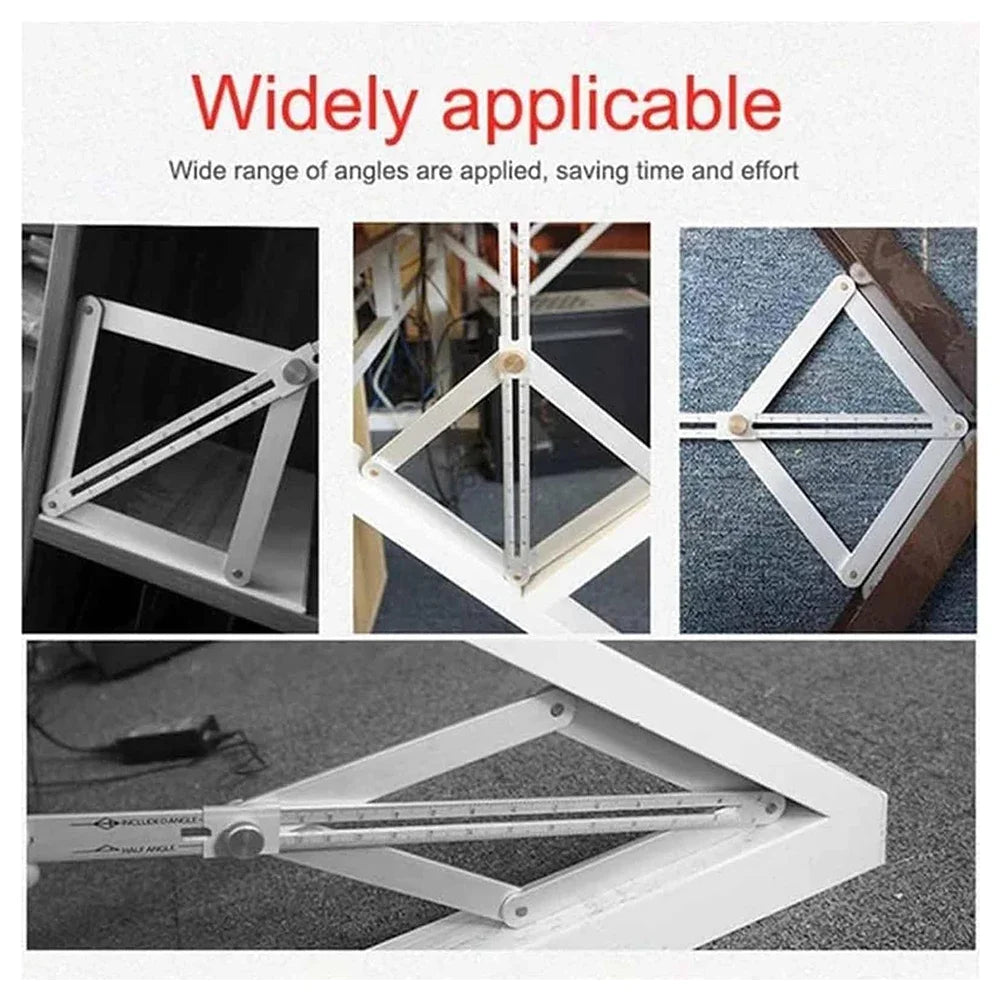 A precision angle finder ruler is shown being used to measure angles on various surfaces.