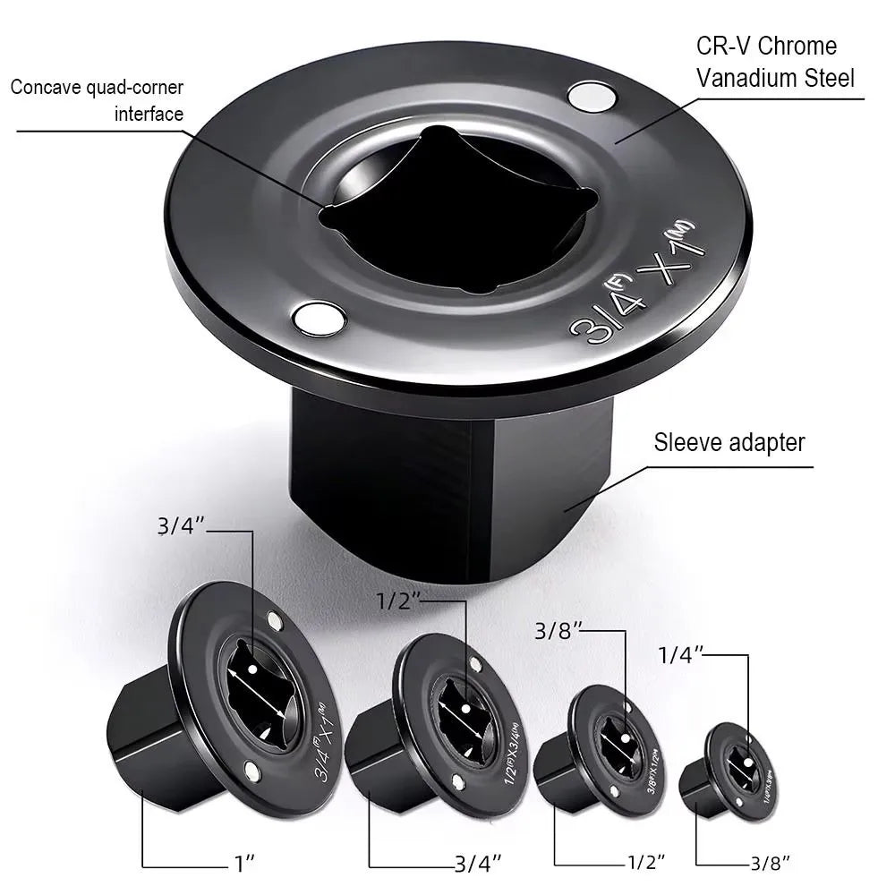 A set of four precision impact socket adapters with various sizes and a sleeve adapter shown in detail.
