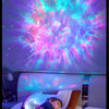 A child rests on a bed while an astronaut LED star projector casts colorful light onto the ceiling.