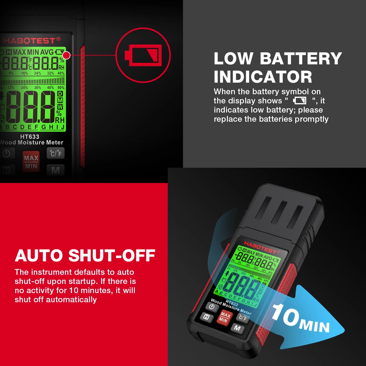 A digital wood moisture meter displaying 888.8% with instructions for low battery and auto shut-off features.