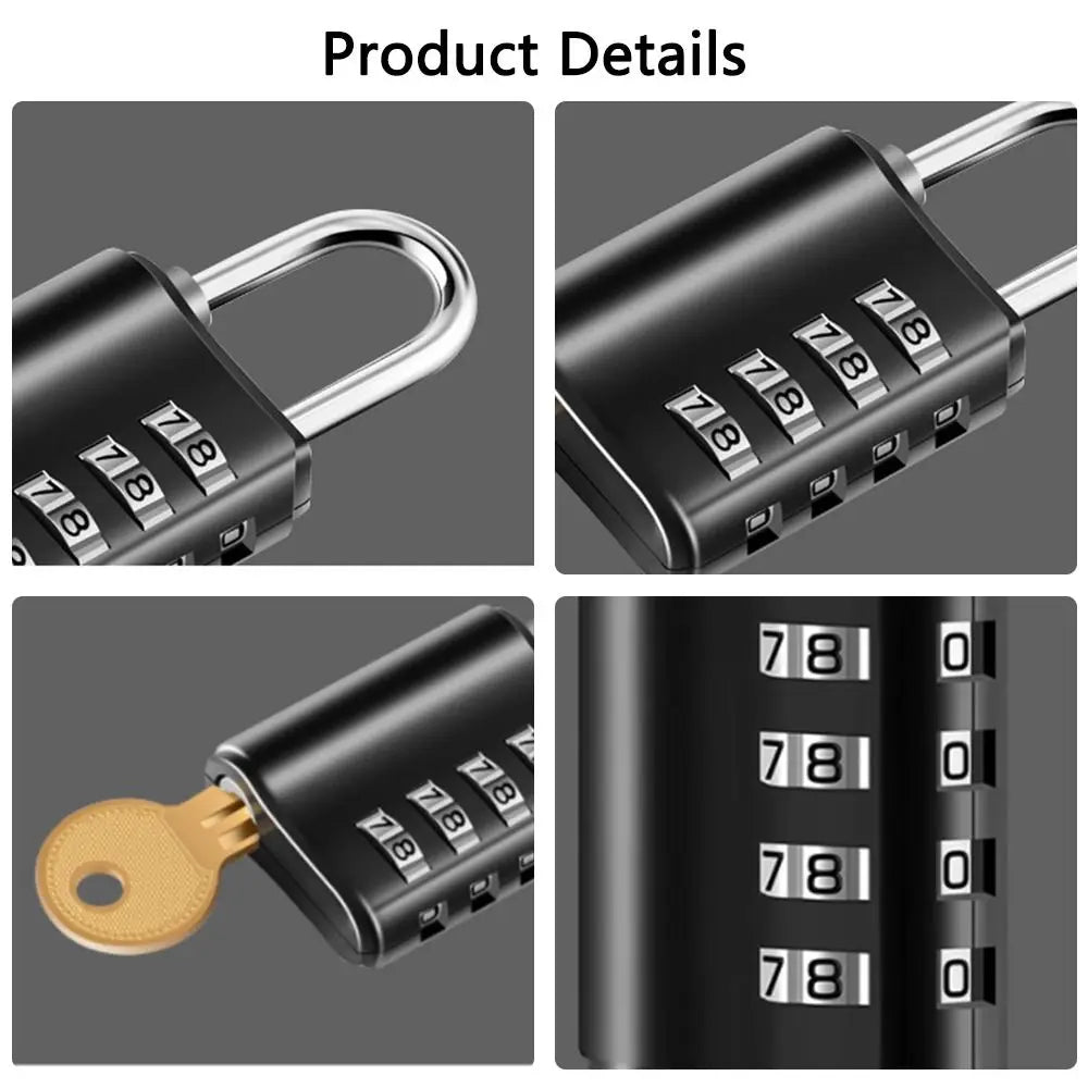 Close-up view of a black heavy duty combination lock with silver shackle and numbered dials.