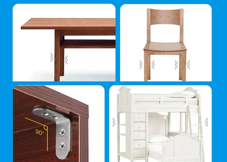 Set von vier Edelstahl-Eckwinkel-Klammern für Holzbearbeitung oder Bauarbeiten.