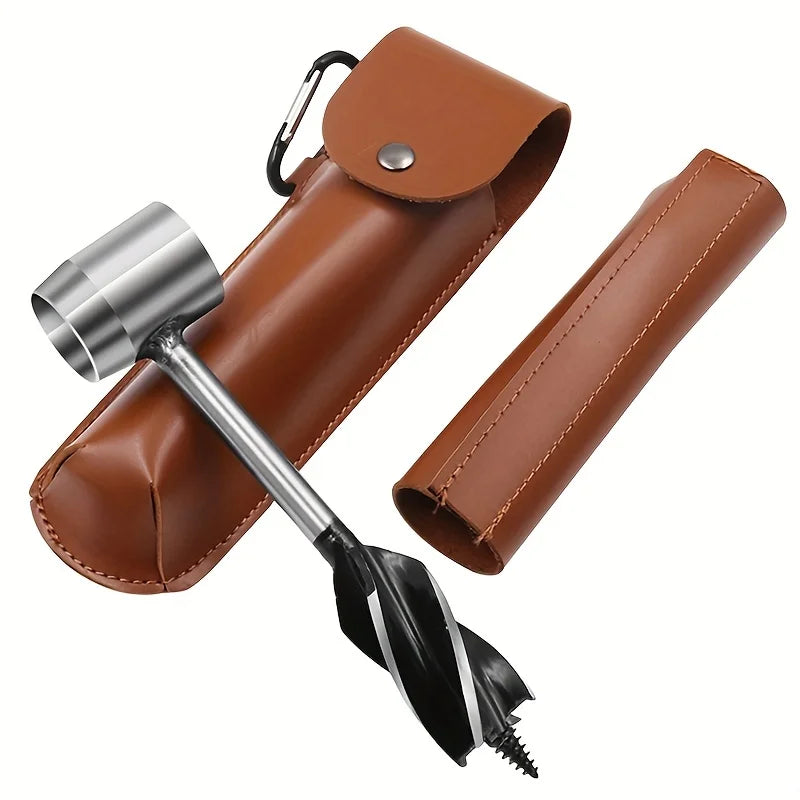 A brown leather case holding a portable woodworking auger drill bit set with a metal shaft and blade.