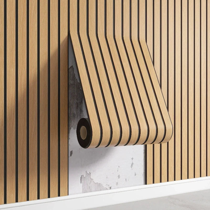 A roll of 3D wooden grid wall stickers mounted on a light gray wall.
