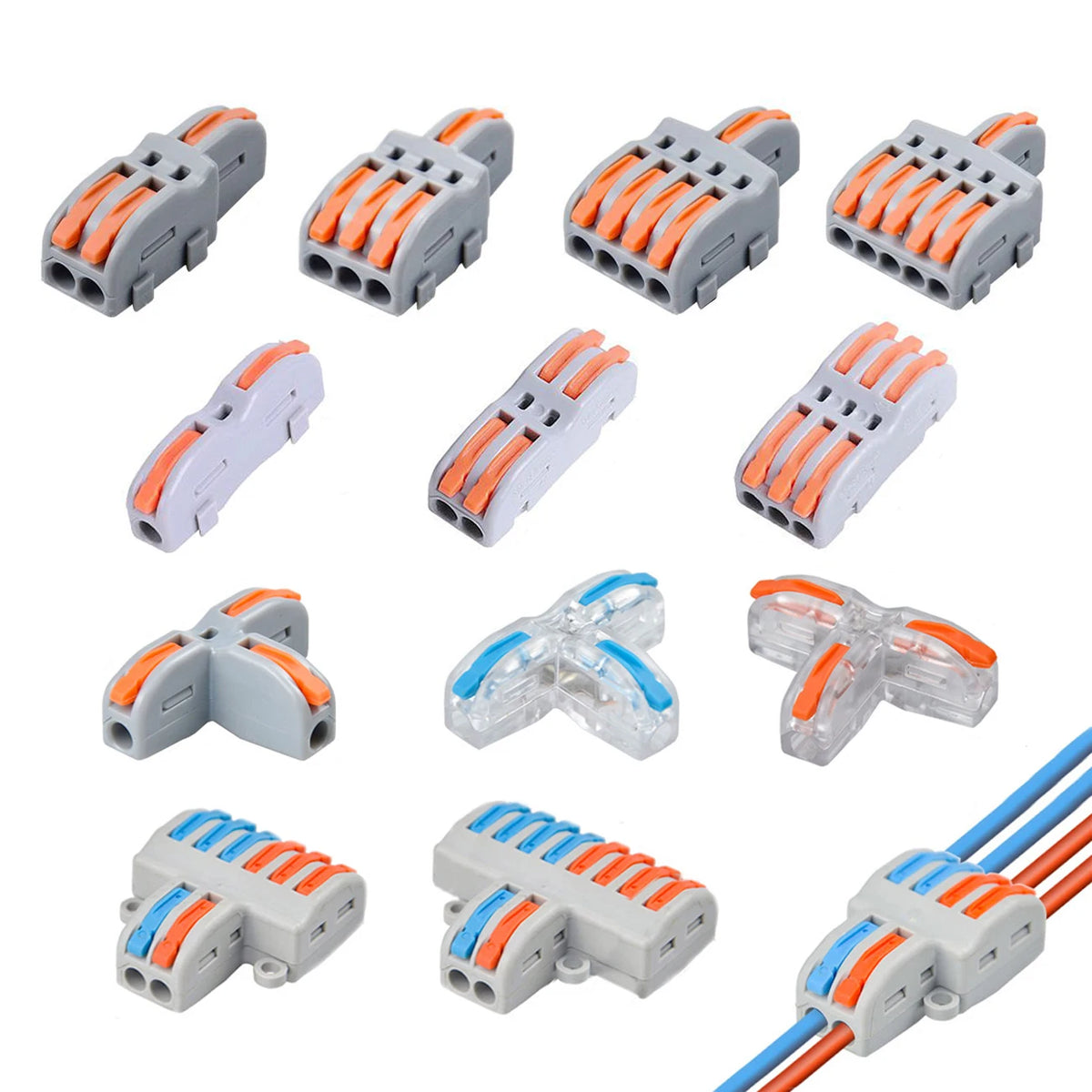 A set of fast electrical push-in connectors in gray and orange plastic for wiring applications.
