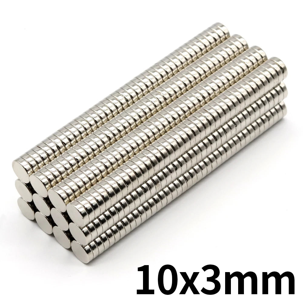 A close-up view of silver refrigerator magnets with a 10mm diameter and 3mm thickness.