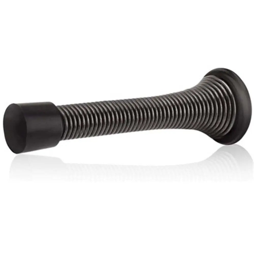 Black decorative iron spring door stopper with a threaded shaft.