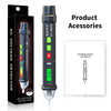 A black digital non-contact voltage tester pen with green indicator lights and a clear tip is shown next to its user manual.