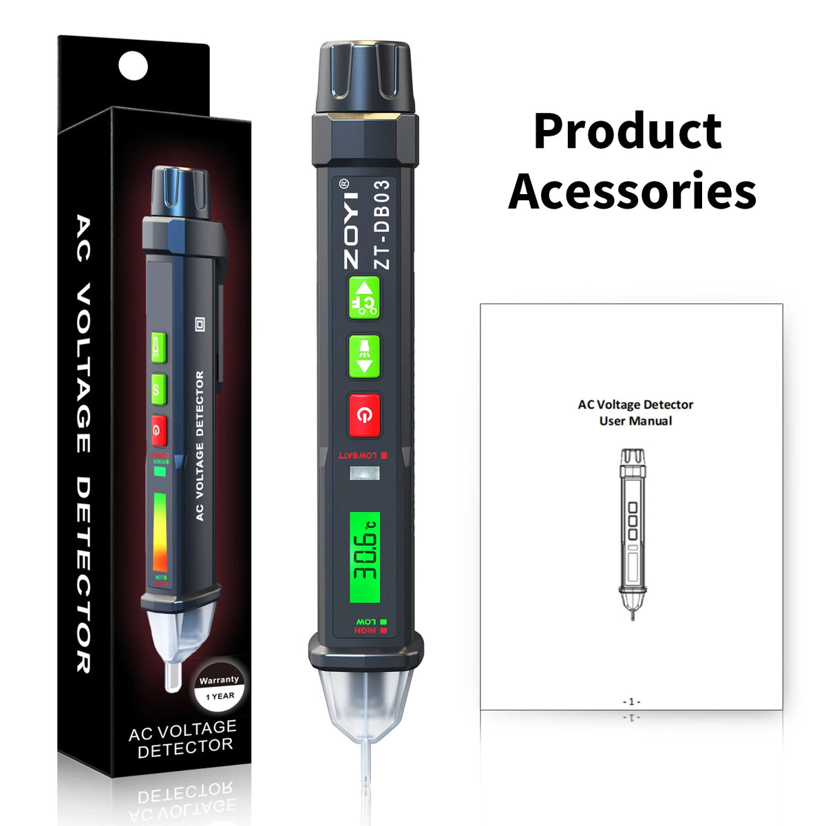 A black digital non-contact voltage tester pen with green indicator lights and a clear tip is shown next to its user manual.