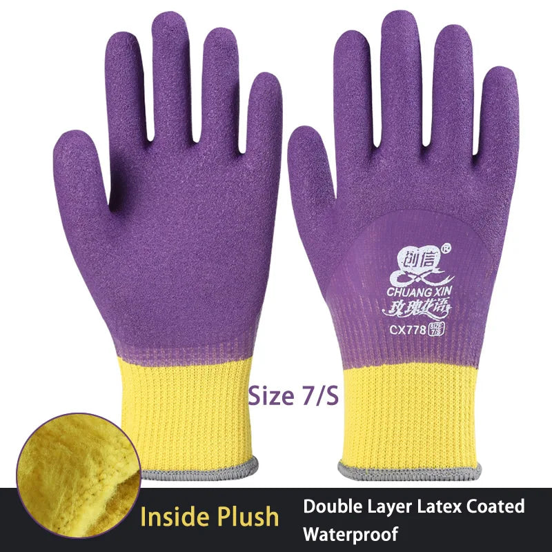 Purple and yellow double layer latex coated waterproof work gloves for winter protection